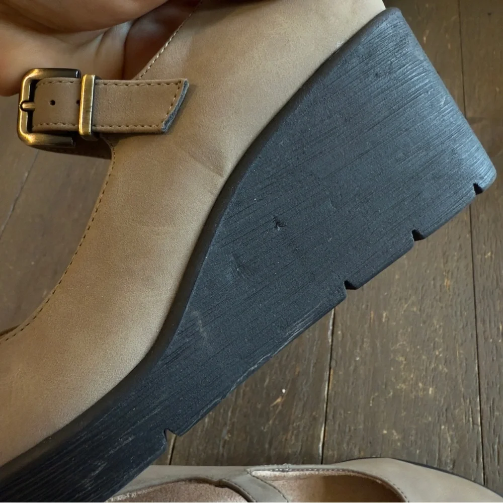 Adore Taupe Mary Jane Wedges with Black Platform